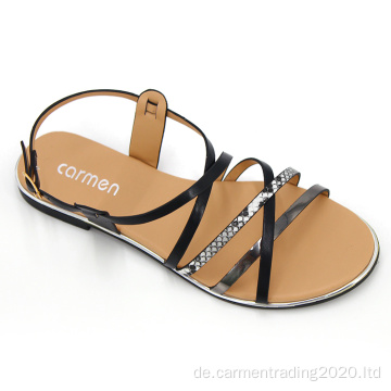 Flache Sandalen mit Kreuzriemen glänzende schwarze Mädchensandalen